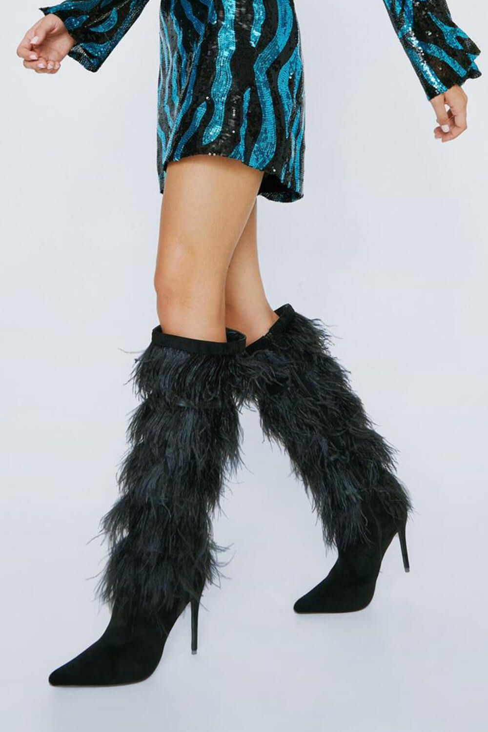 Saint Feather Layered Pointed Toe Knee High Stiletto Boots - Black