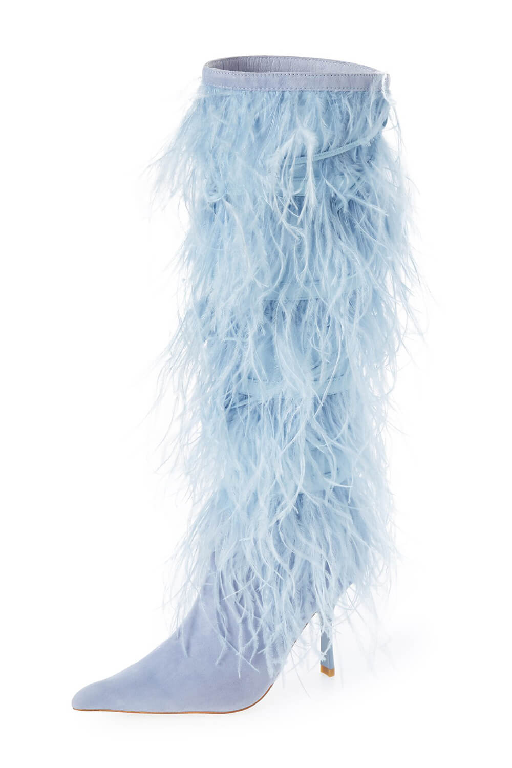 Saint Feather Layered Pointed Toe Knee High Stiletto Boots - Light Blue