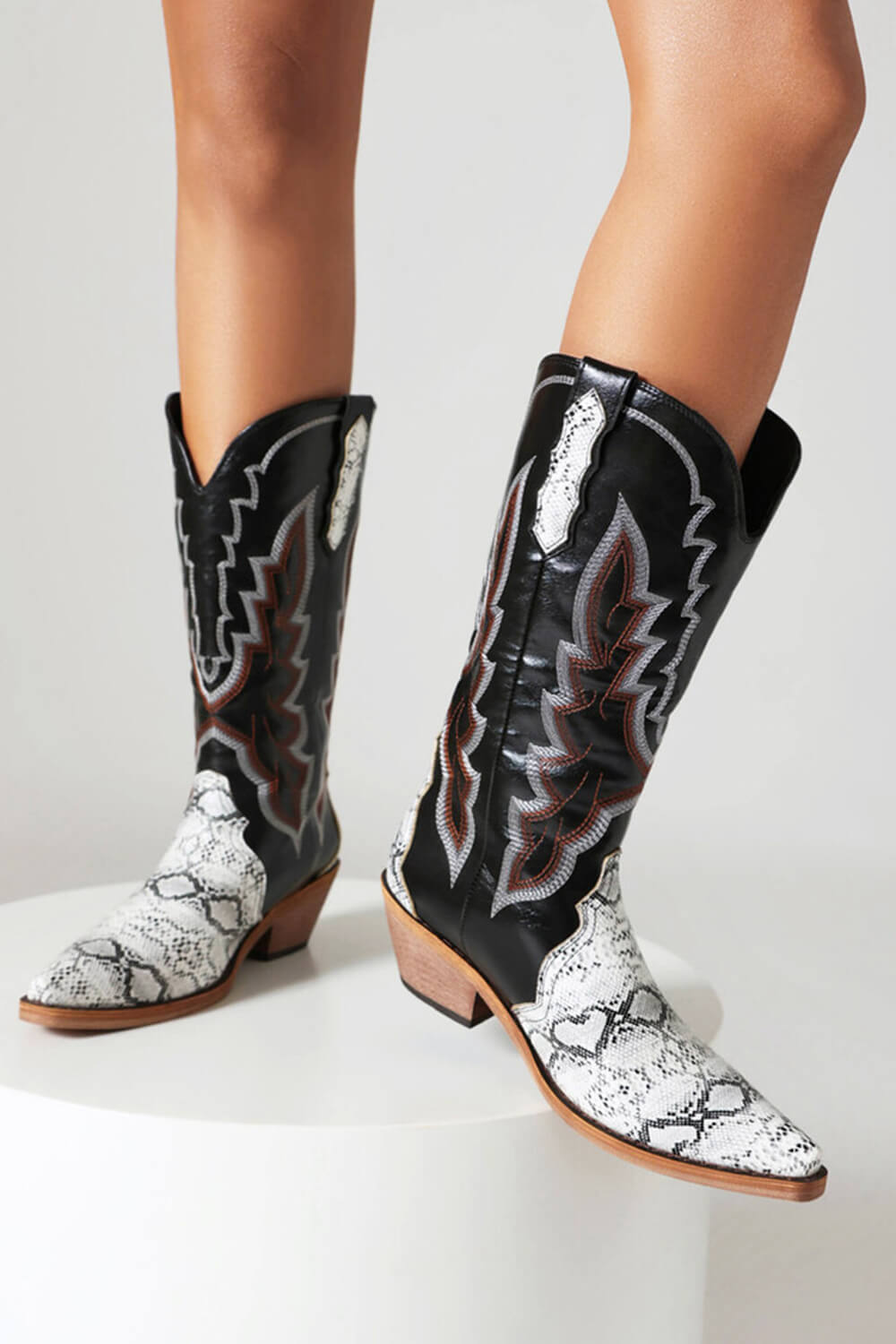 Python Print Embellished Block Heel Western Cowboy Mid-Calf Boots
