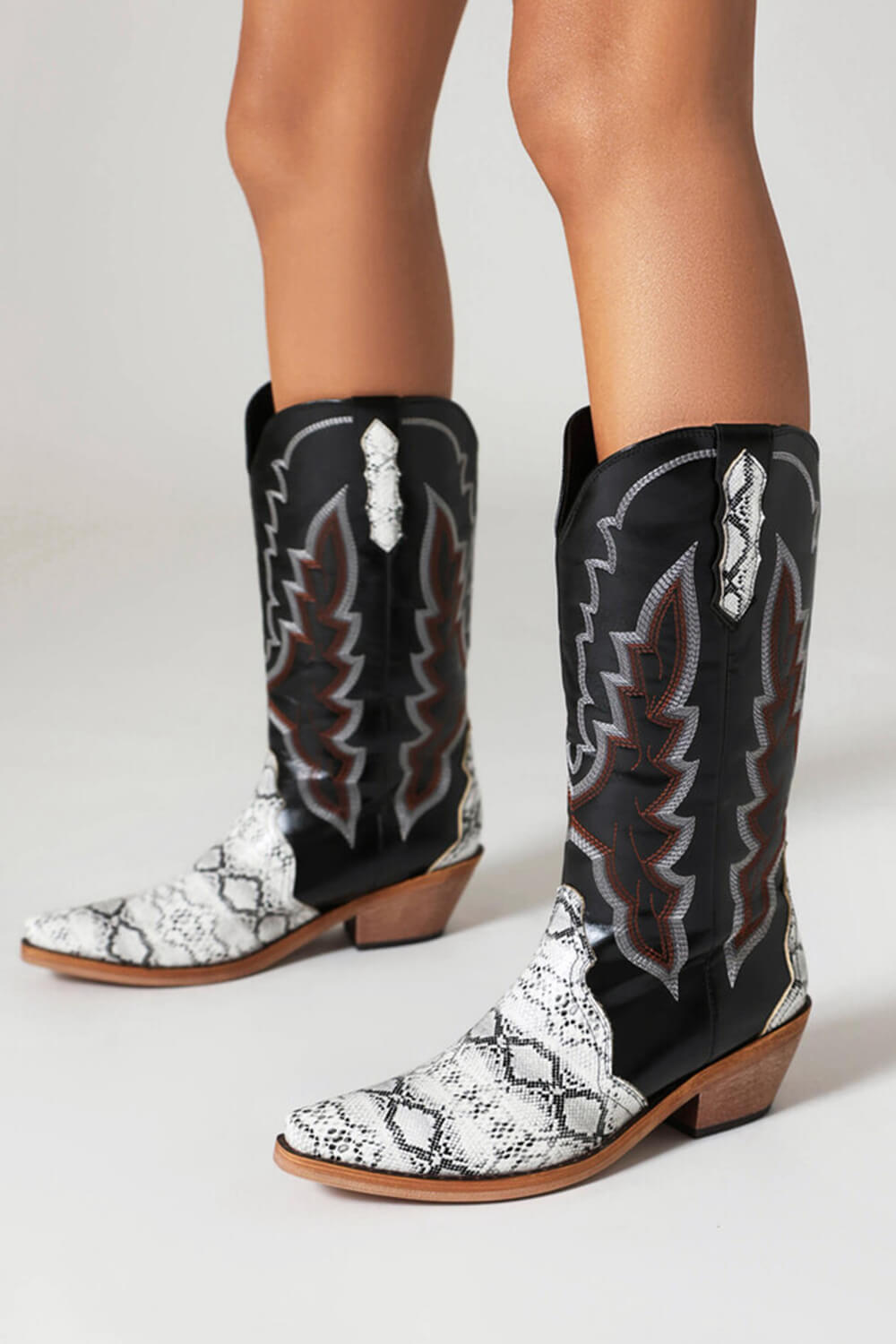 Python Print Embellished Block Heel Western Cowboy Mid-Calf Boots