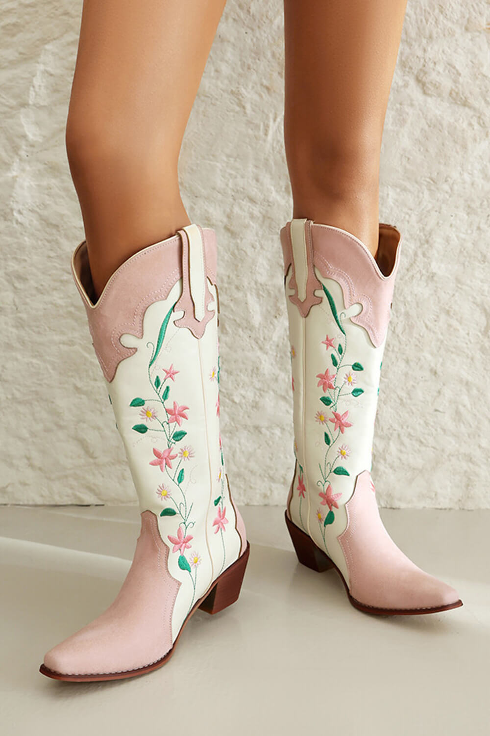 Pink Floral Printed Western Cowgirl Block Heeled Knee High Boots