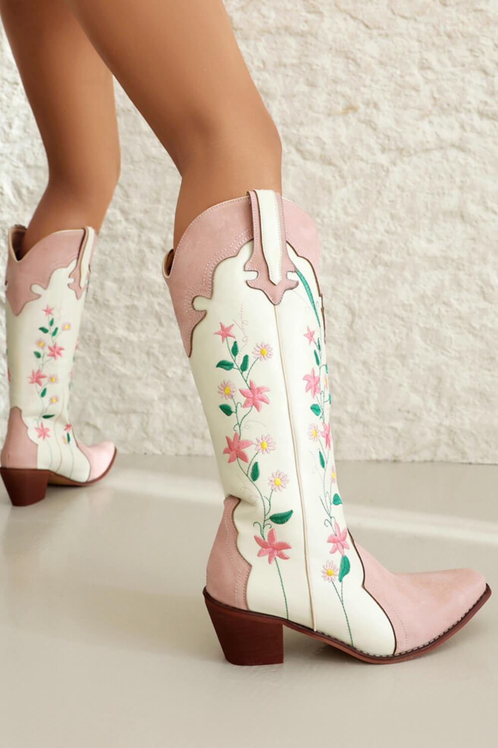 Pink Floral Printed Western Cowgirl Block Heeled Knee High Boots