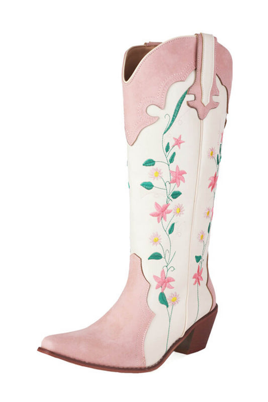 Pink Floral Printed Western Cowgirl Block Heeled Knee High Boots