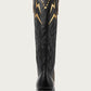 Lightning Embroidered Pointed Toe Long Western Knee High Block Heel Boot - Black & White