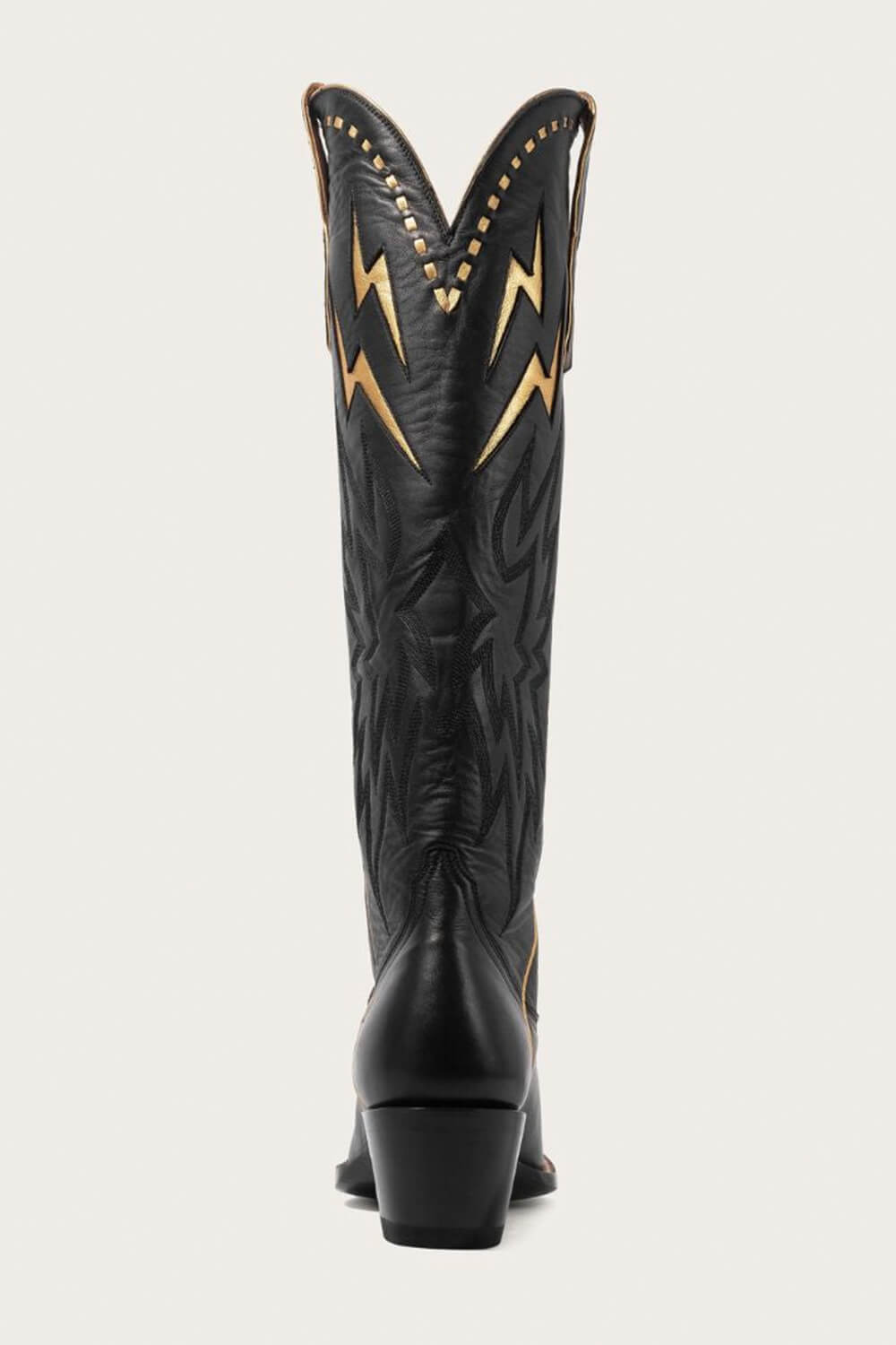 Lightning Embroidered Pointed Toe Long Western Knee High Block Heel Boot - Black & White