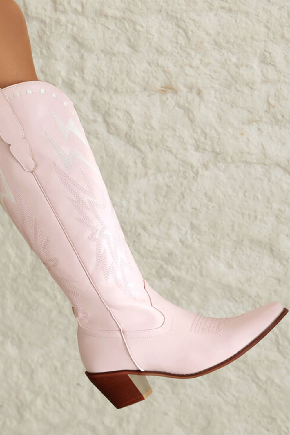 Lightning Embroidered Pointed Toe Long Western Knee High Block Heel Boot - Pink