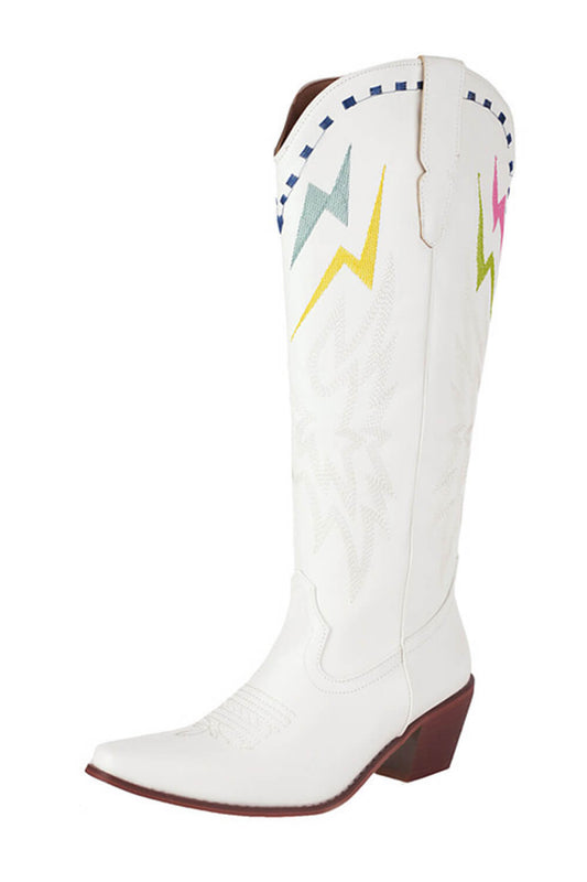 Lightning Embroidered Pointed Toe Long Western Knee High Block Heel Boot - White