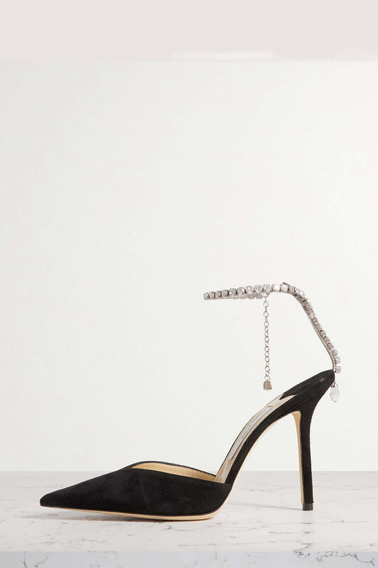 Faux Satin Diamante Chain Detail Ankle Strap Pointed Toe Stiletto Court Heel - Black