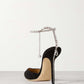 Faux Satin Diamante Chain Detail Ankle Strap Pointed Toe Stiletto Court Heel - Black