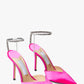 Faux Satin Diamante Chain Detail Ankle Strap Pointed Toe Stiletto Court Heel - Hot Pink