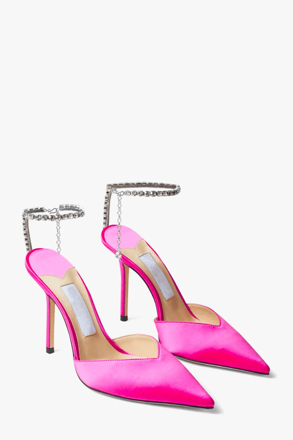 Faux Satin Diamante Chain Detail Ankle Strap Pointed Toe Stiletto Court Heel - Hot Pink