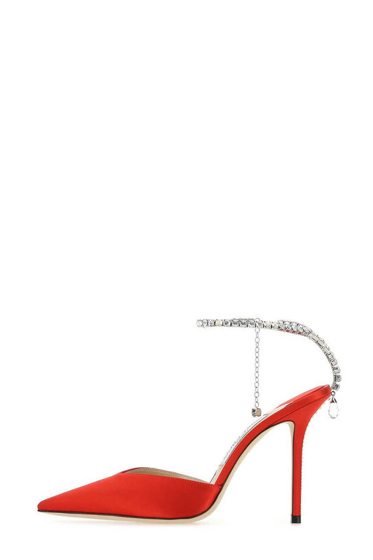 Faux Satin Diamante Chain Detail Ankle Strap Pointed Toe Stiletto Court Heel - Red