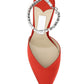 Faux Satin Diamante Chain Detail Ankle Strap Pointed Toe Stiletto Court Heel - Red