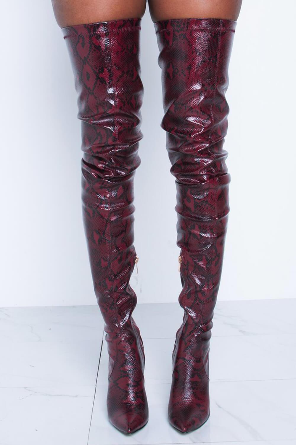 Firebrick Snake Print Stiletto Thigh High Boots