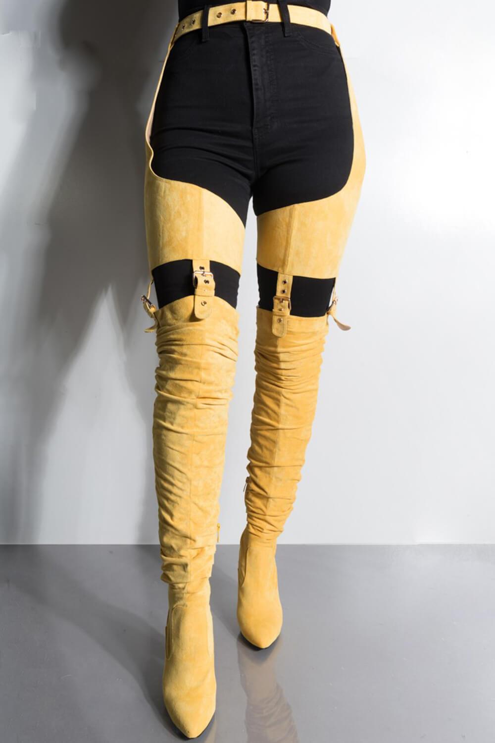 Mustard Suede Belted Thigh High Boots (2335396397115)