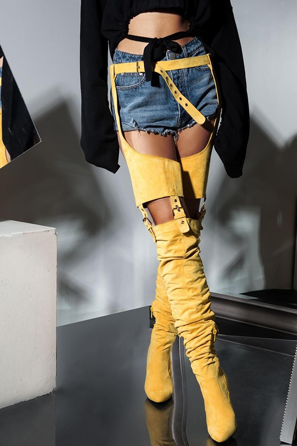 Mustard Suede Belted Thigh High Boots (2335396397115)