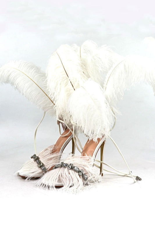 White Feather Rhinestone Embroidered High Heeled Sandals