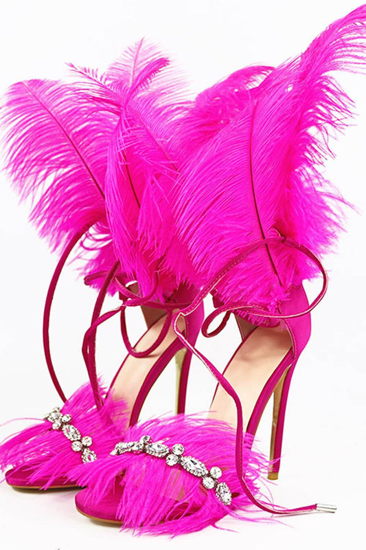 Hot Pink Feather Rhinestone Embroidered High Heeled Sandals