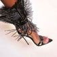 Black Feather Strappy Stiletto Sandals