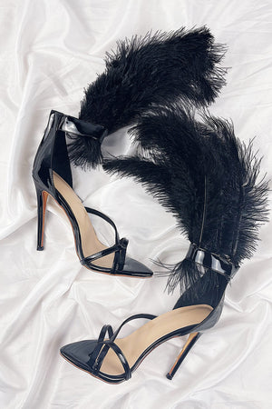 Black Feather Strappy Stiletto Sandals