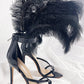 Black Feather Strappy Stiletto Sandals