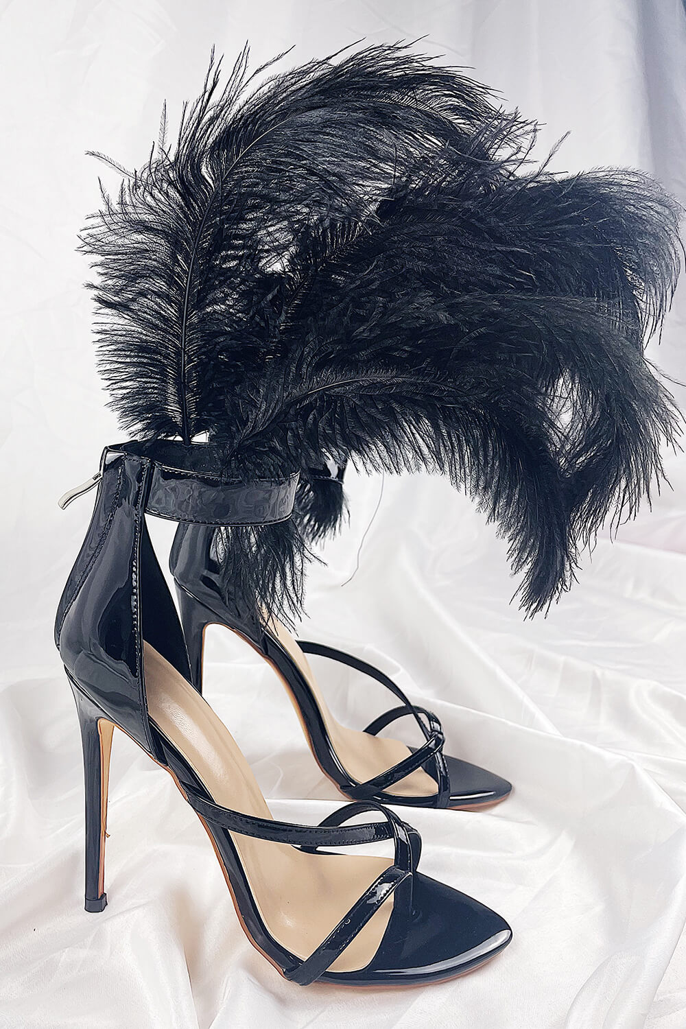 Black Feather Strappy Stiletto Sandals