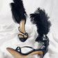 Black Feather Strappy Stiletto Sandals