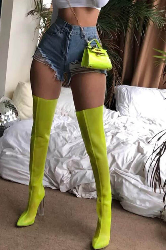 Neon Yellow Frost Thigh High Boots