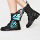 Black Metamorphic Glitter Lace Up Boots With Butterfly Wings