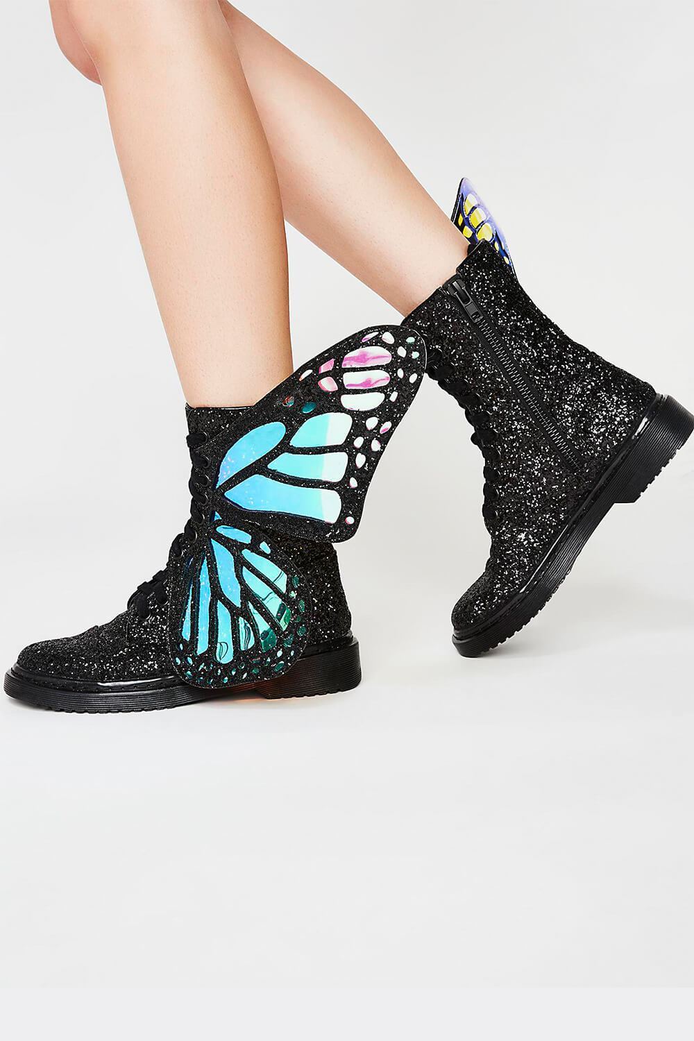 Black Metamorphic Glitter Lace Up Boots With Butterfly Wings