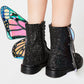 Black Metamorphic Glitter Lace Up Boots With Butterfly Wings