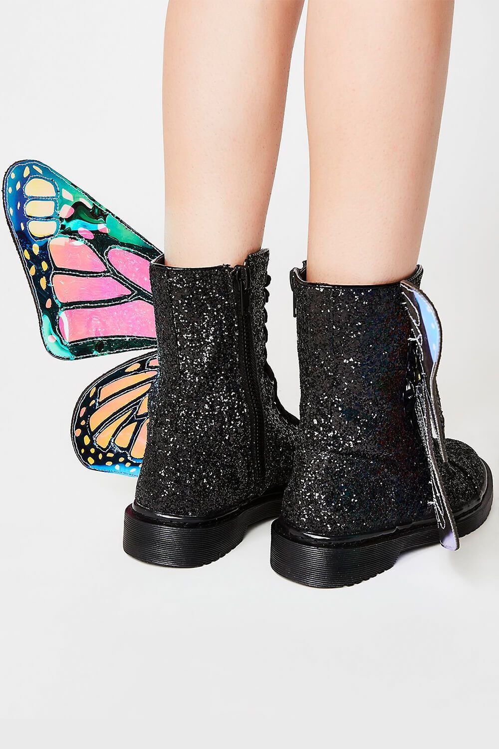 Black Metamorphic Glitter Lace Up Boots With Butterfly Wings