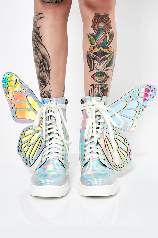 Holographic Metamorphic Lace Up Combat Boots With Butterfly Wings