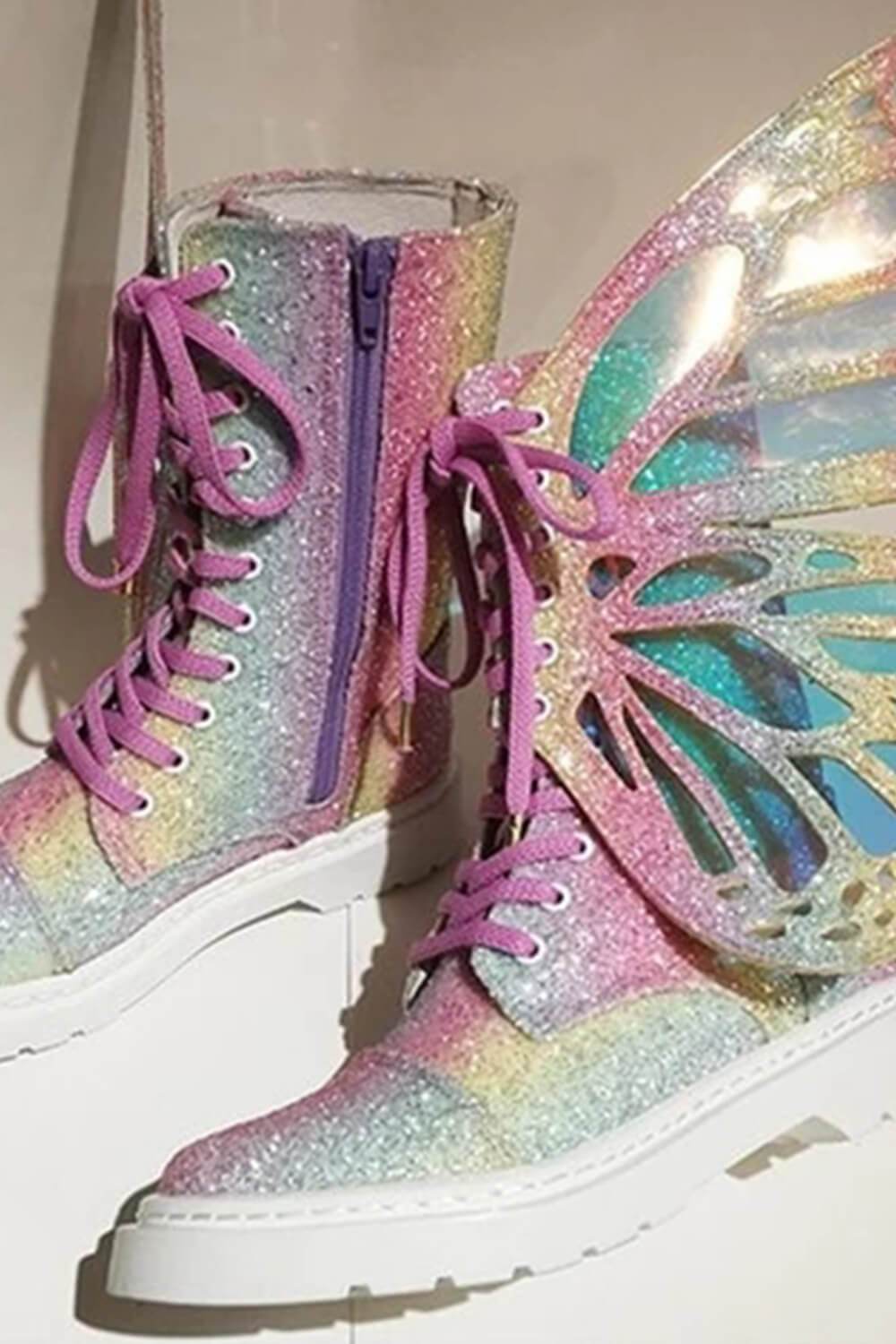 Rainbow Metamorphic Glitter Lace Up Combat Boots With Butterfly Wings