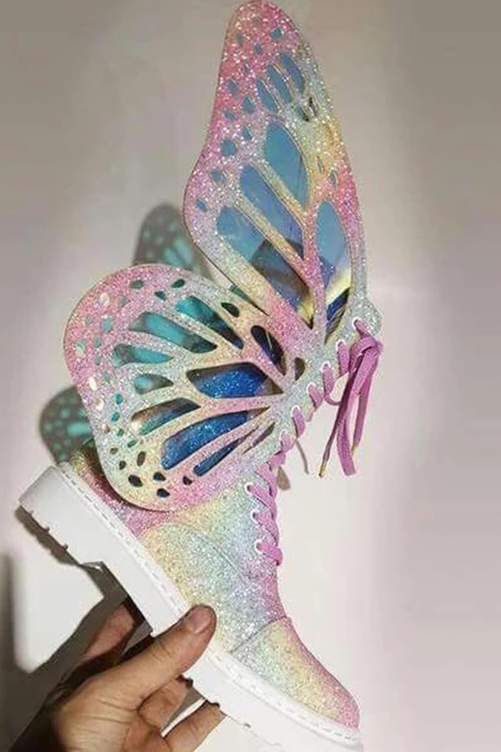 Rainbow Metamorphic Glitter Lace Up Combat Boots With Butterfly Wings
