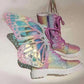 Rainbow Metamorphic Glitter Lace Up Combat Boots With Butterfly Wings