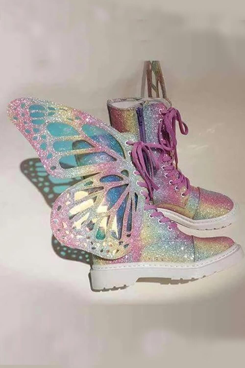 Rainbow Metamorphic Glitter Lace Up Combat Boots With Butterfly Wings
