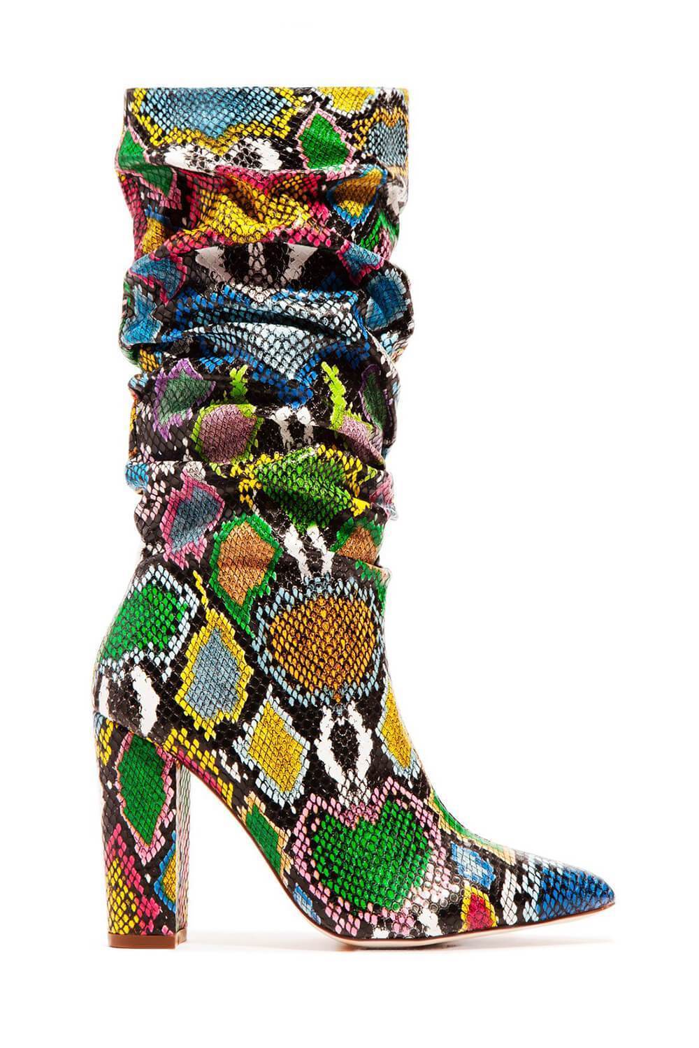 Multi-Colored Python Print Ruched Knee High Boots (4308210122811)