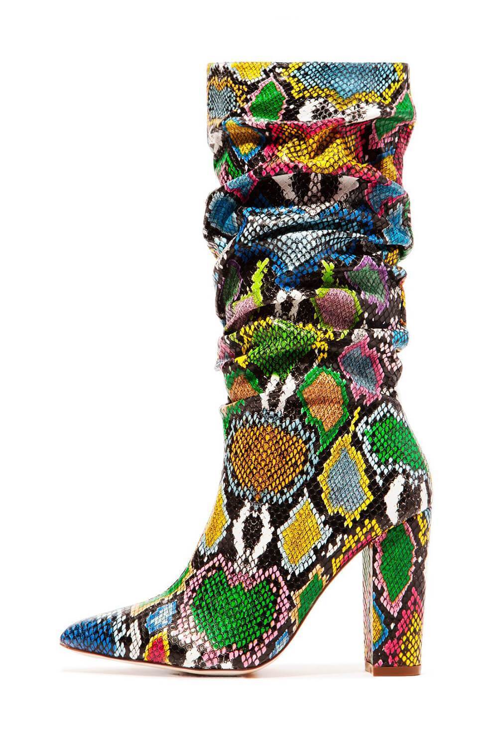 Multi-Colored Python Print Ruched Knee High Boots (4308210122811)