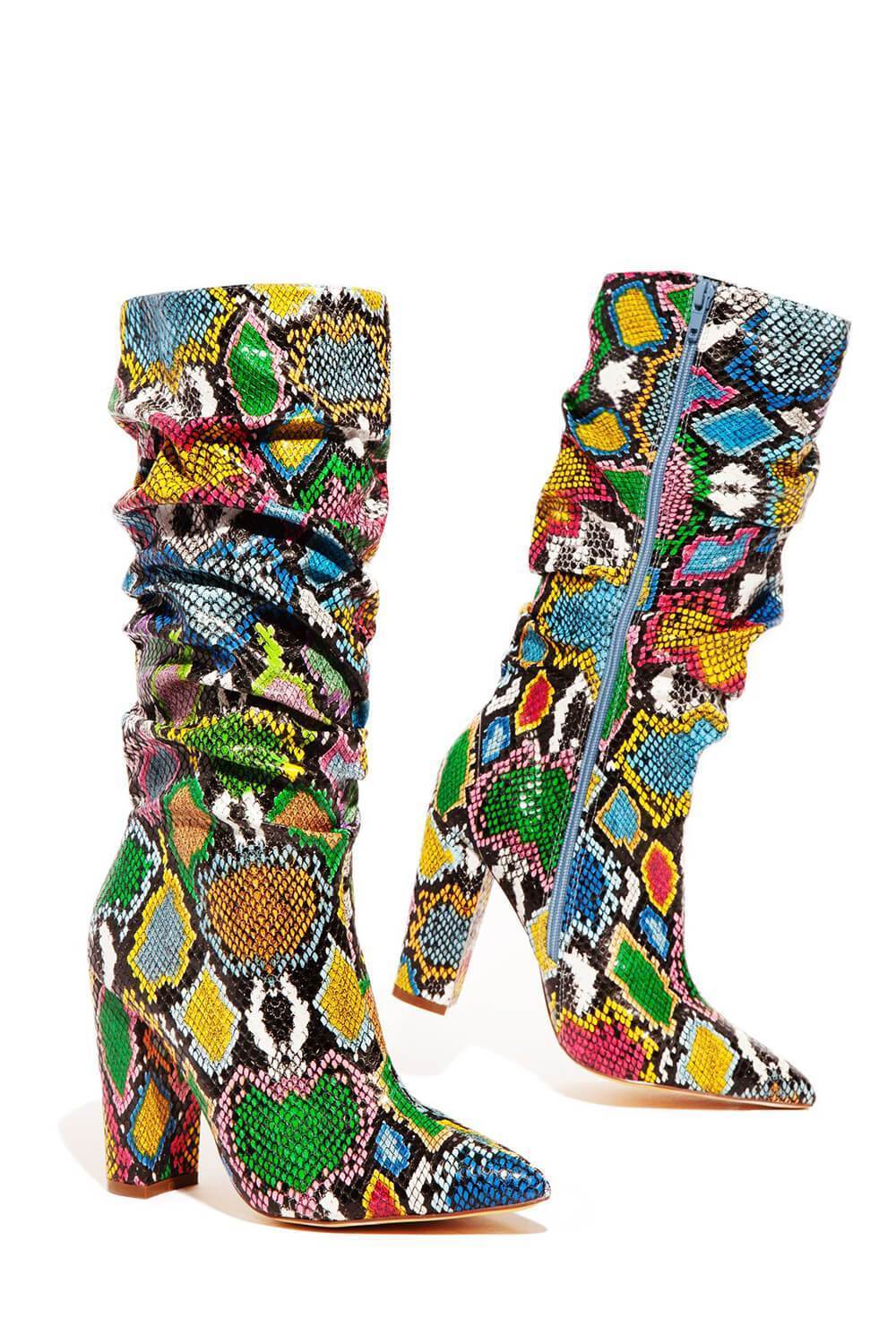 Multi-Colored Python Print Ruched Knee High Boots (4308210122811)