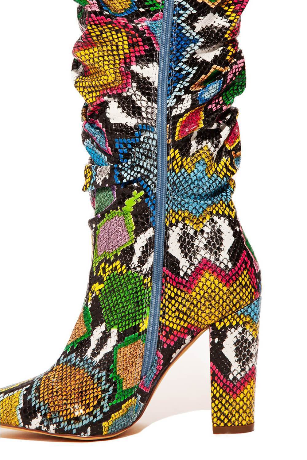 Multi-Colored Python Print Ruched Knee High Boots (4308210122811)