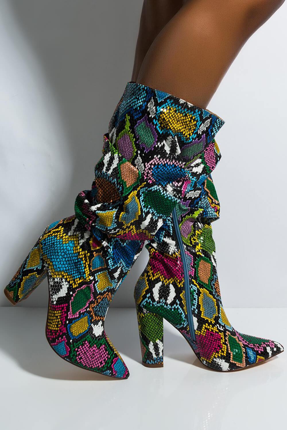 Multi-Colored Python Print Ruched Knee High Boots (4308210122811)