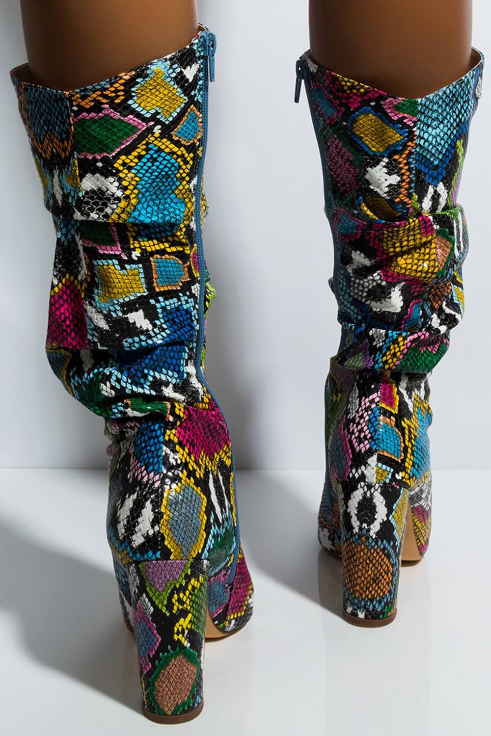 Multi-Colored Python Print Ruched Knee High Boots (4308210122811)
