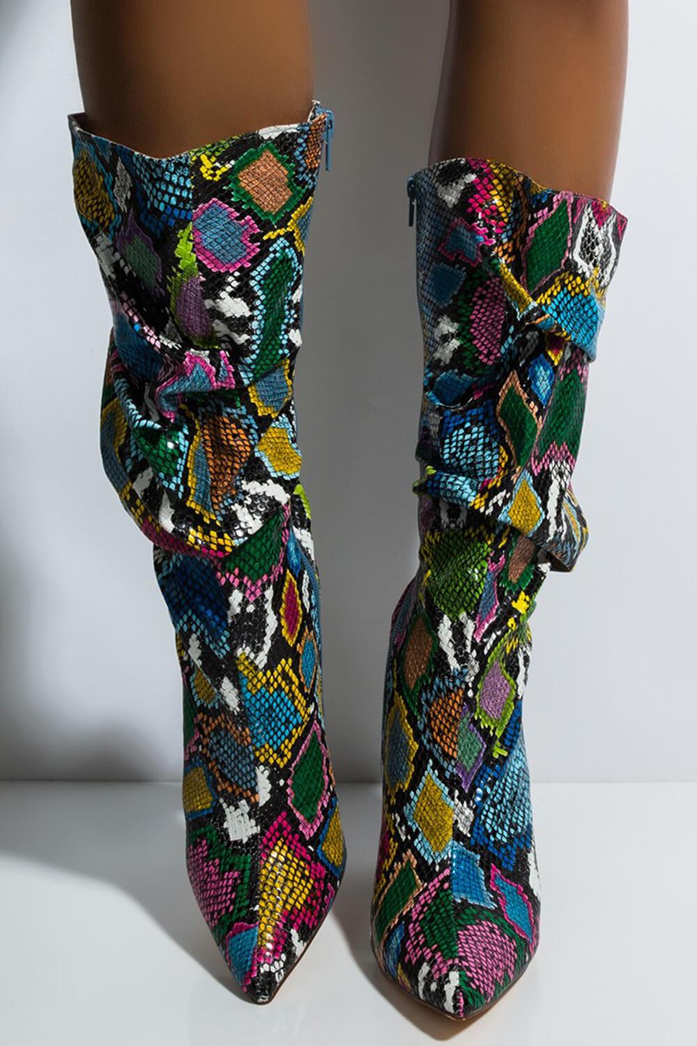 Multi-Colored Python Print Ruched Knee High Boots (4308210122811)