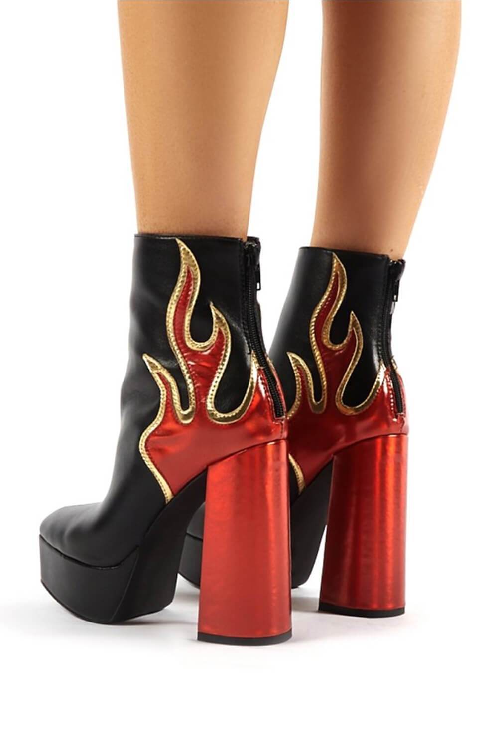 Flame Detail Platform Block Heeled Ankle Boots