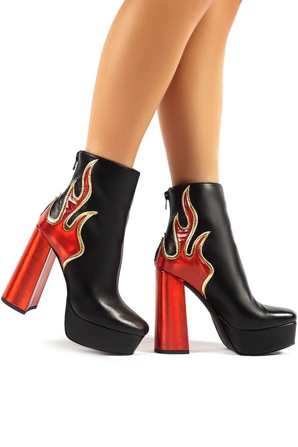 Flame Detail Platform Block Heeled Ankle Boots