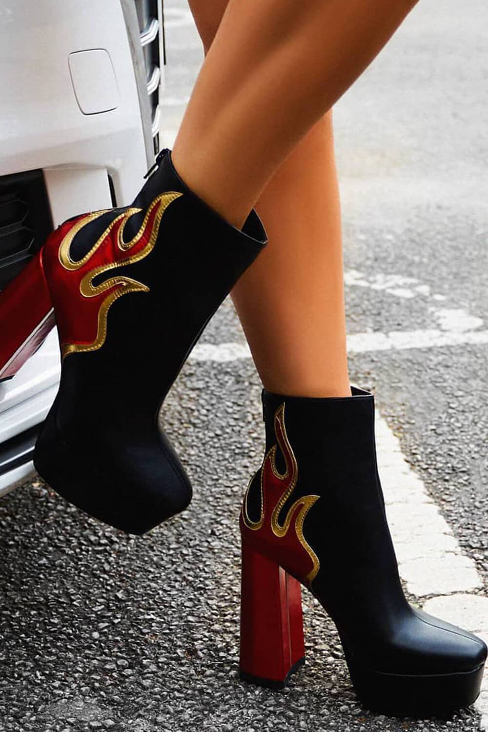 Flame Detail Platform Block Heeled Ankle Boots