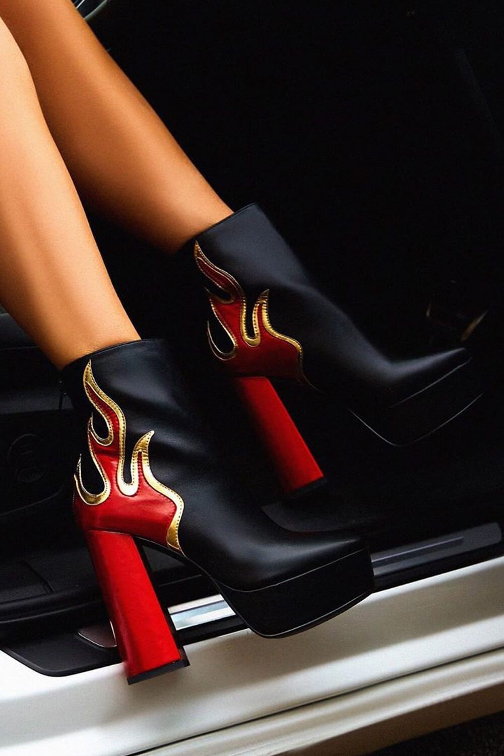 Flame Detail Platform Block Heeled Ankle Boots