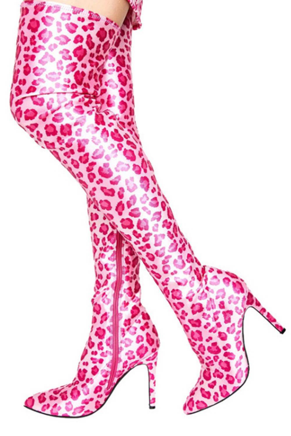 Pink Leopardsatin Pointed Toe Thigh High Boots