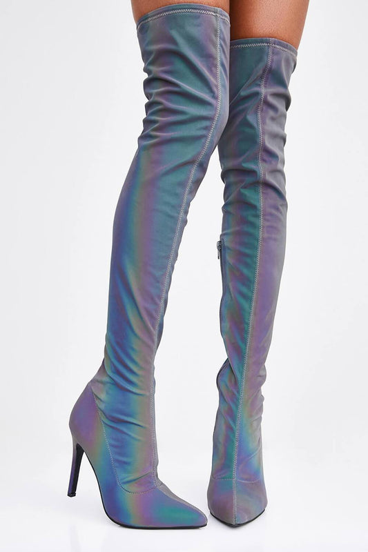 Rainbow Reflective Satin Pointed Toe Thigh High Boots